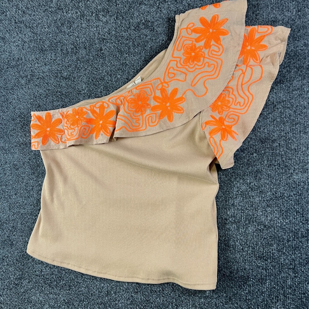 Anthropologie Dolan One-Shoulder Top Women Large Beige Ribbed Embroidered Floral